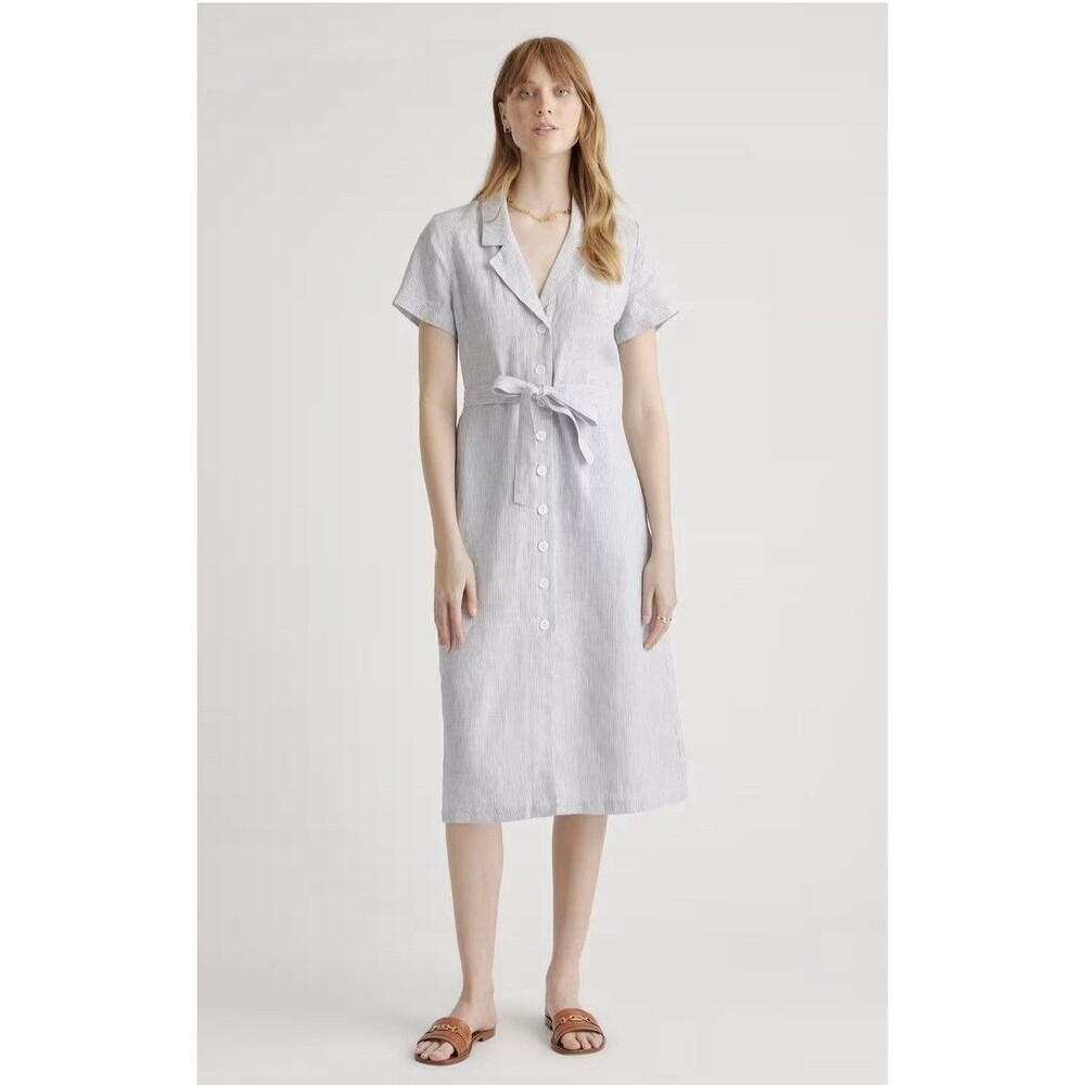Quince Dress Button Front 100% European Linen Size XL Blue Pinstripe